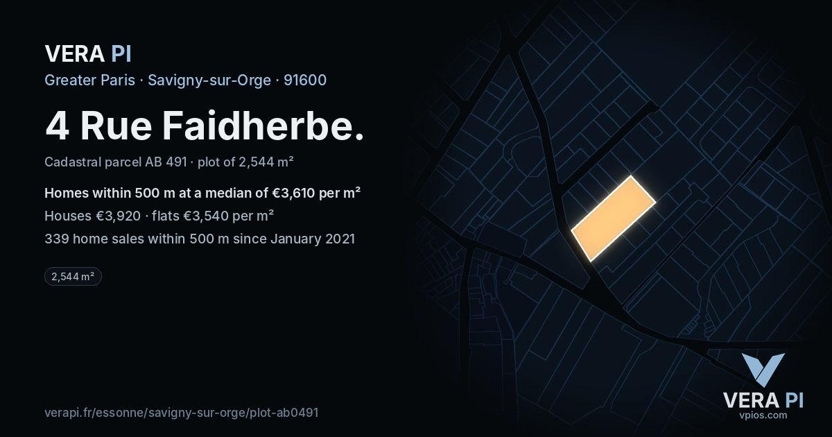4 Rue Faidherbe, Savigny-sur-Orge at night – the plot lit, the parcels around coloured by the prices near them
