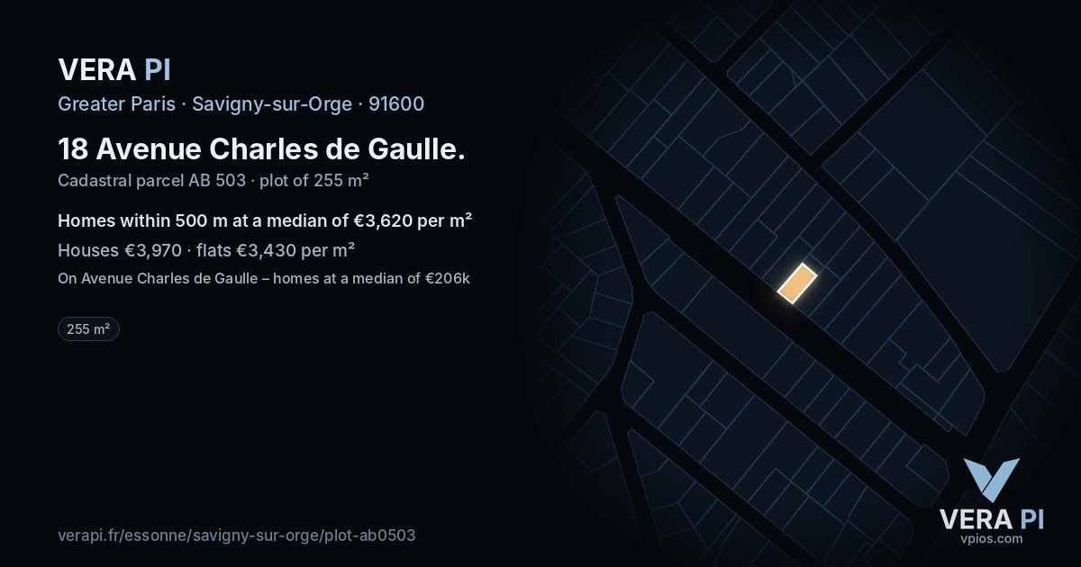 18 Avenue Charles de Gaulle, Savigny-sur-Orge at night – the plot lit, the parcels around coloured by the prices near them
