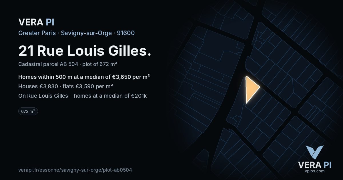 21 Rue Louis Gilles, Savigny-sur-Orge at night – the plot lit, the parcels around coloured by the prices near them
