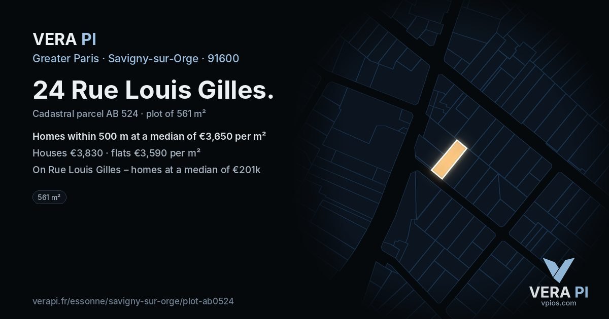 24 Rue Louis Gilles, Savigny-sur-Orge at night – the plot lit, the parcels around coloured by the prices near them