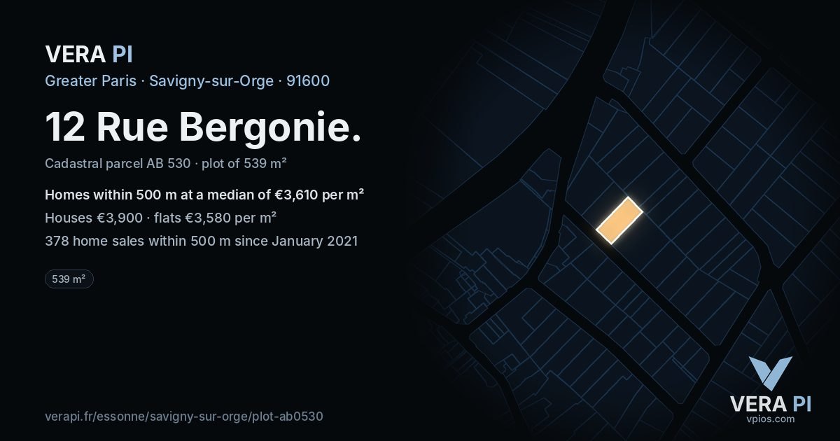 12 Rue Bergonie, Savigny-sur-Orge at night – the plot lit, the parcels around coloured by the prices near them
