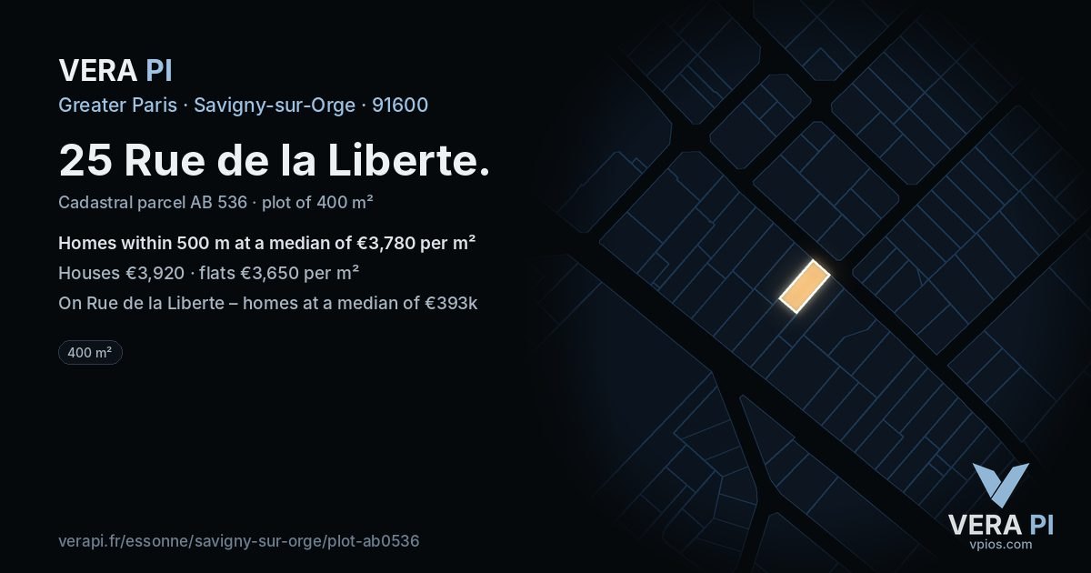 25 Rue de la Liberte, Savigny-sur-Orge at night – the plot lit, the parcels around coloured by the prices near them