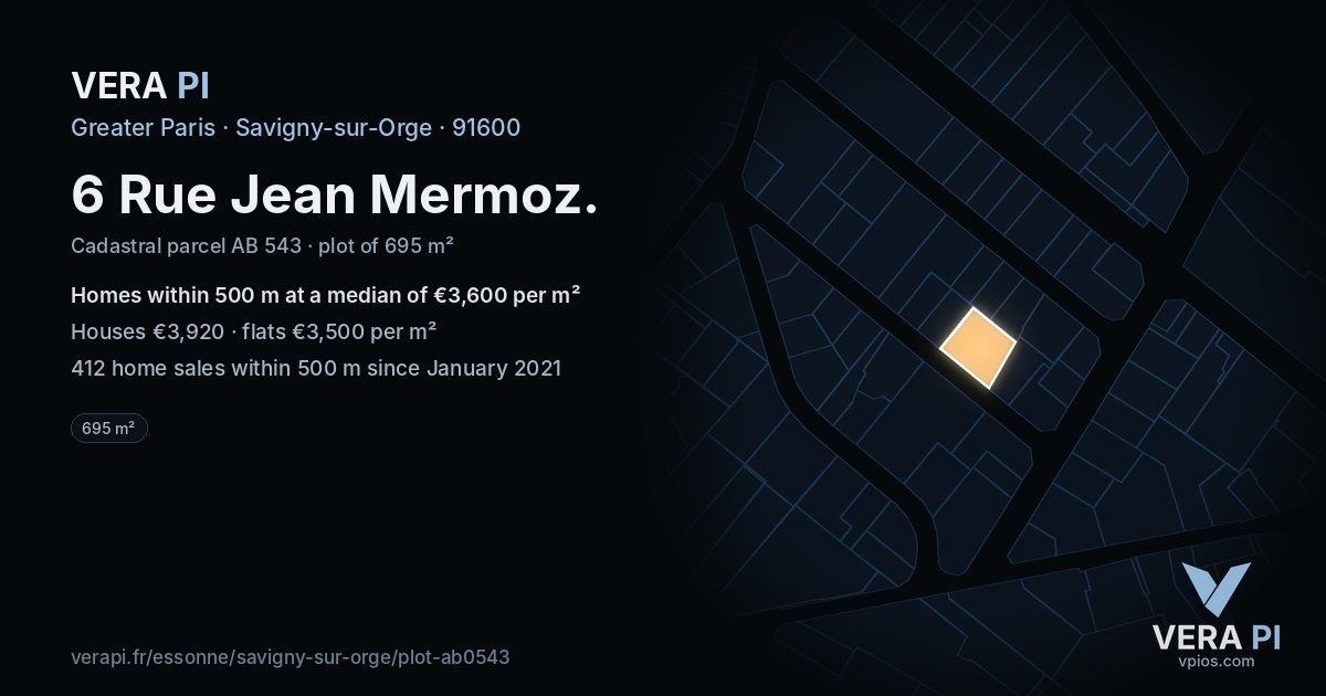 6 Rue Jean Mermoz, Savigny-sur-Orge at night – the plot lit, the parcels around coloured by the prices near them