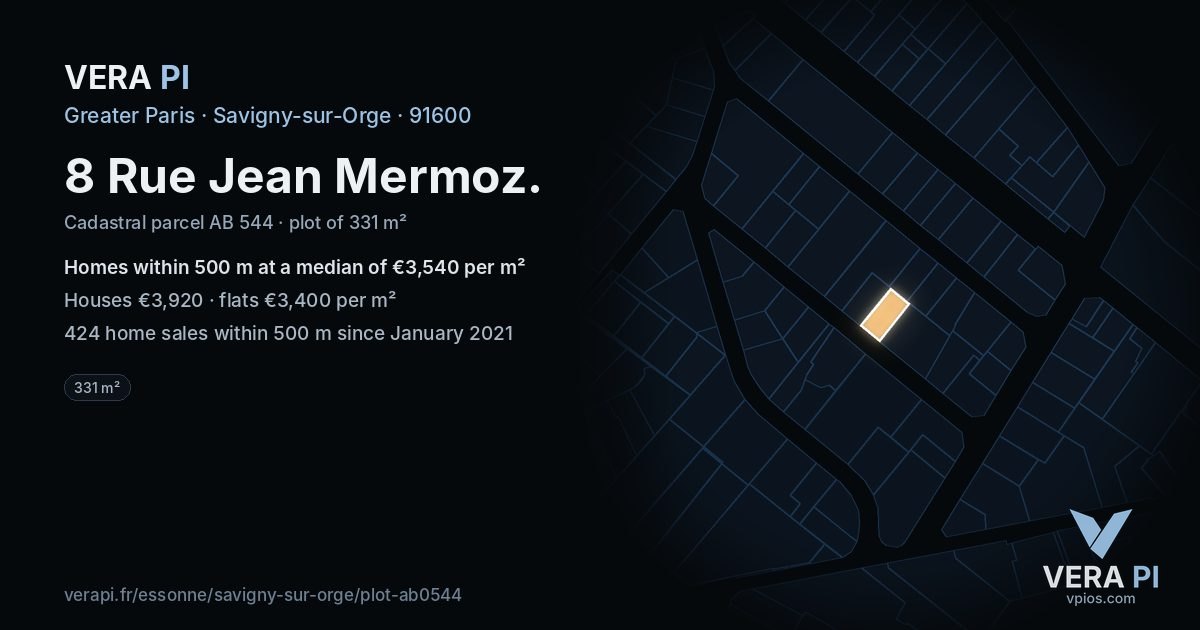8 Rue Jean Mermoz, Savigny-sur-Orge at night – the plot lit, the parcels around coloured by the prices near them