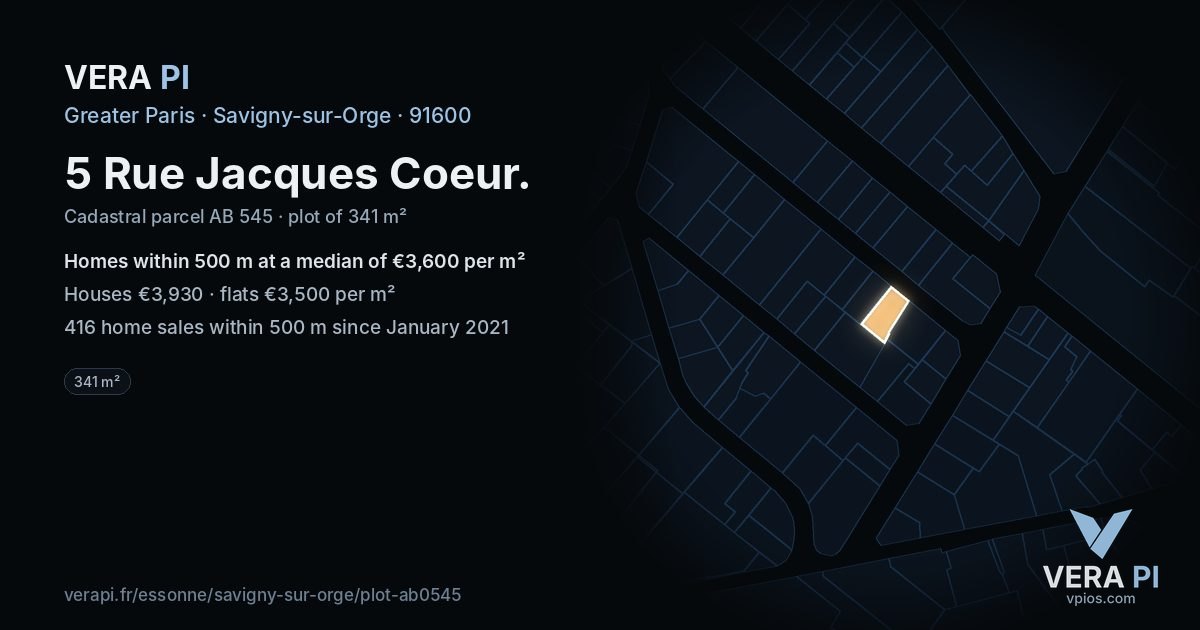 5 Rue Jacques Coeur, Savigny-sur-Orge at night – the plot lit, the parcels around coloured by the prices near them