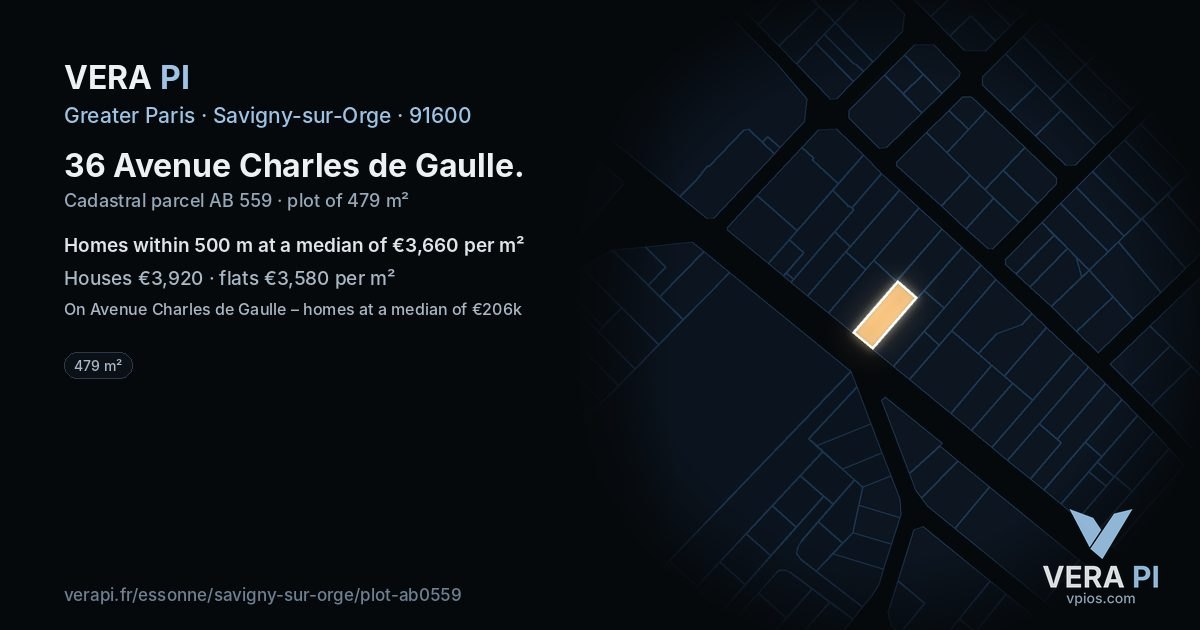 36 Avenue Charles de Gaulle, Savigny-sur-Orge at night – the plot lit, the parcels around coloured by the prices near them