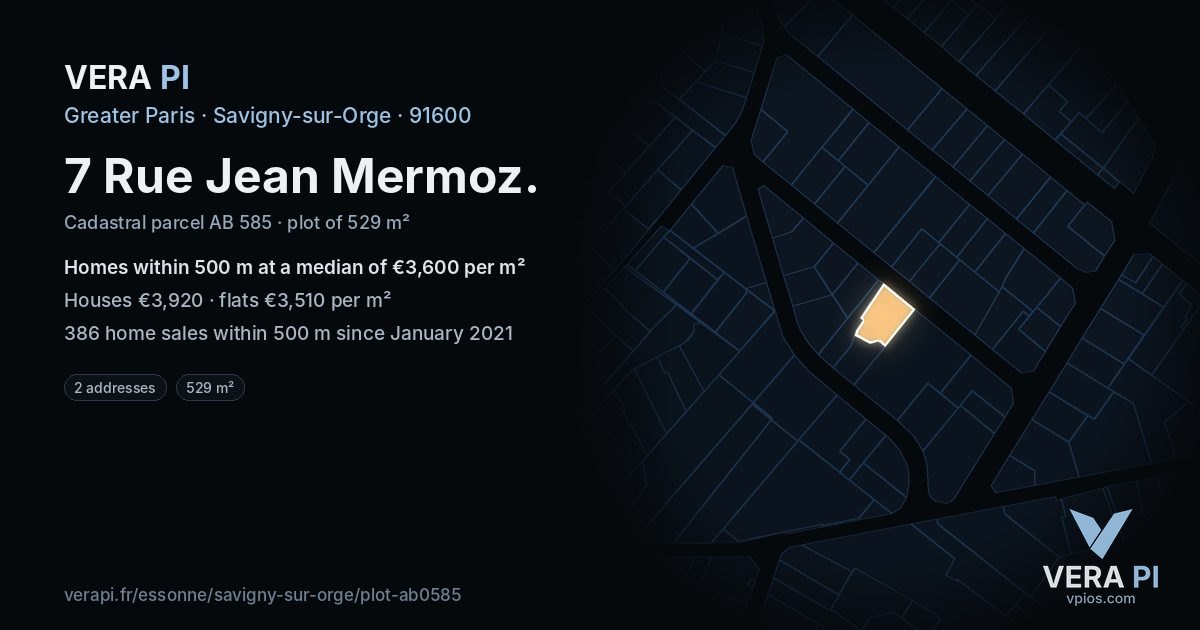 7 Rue Jean Mermoz, Savigny-sur-Orge at night – the plot lit, the parcels around coloured by the prices near them