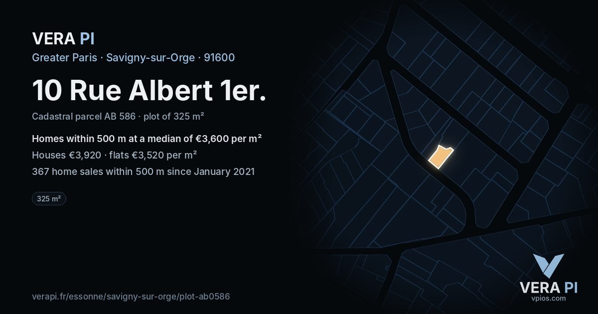 10 Rue Albert 1er, Savigny-sur-Orge at night – the plot lit, the parcels around coloured by the prices near them