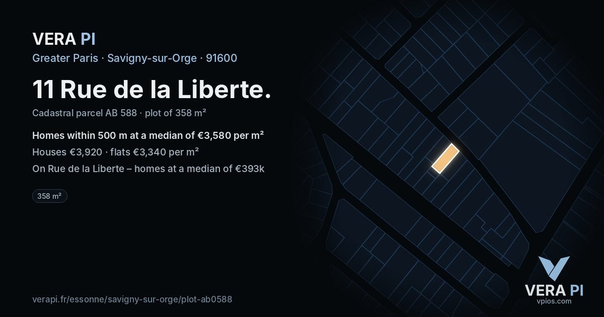 11 Rue de la Liberte, Savigny-sur-Orge at night – the plot lit, the parcels around coloured by the prices near them