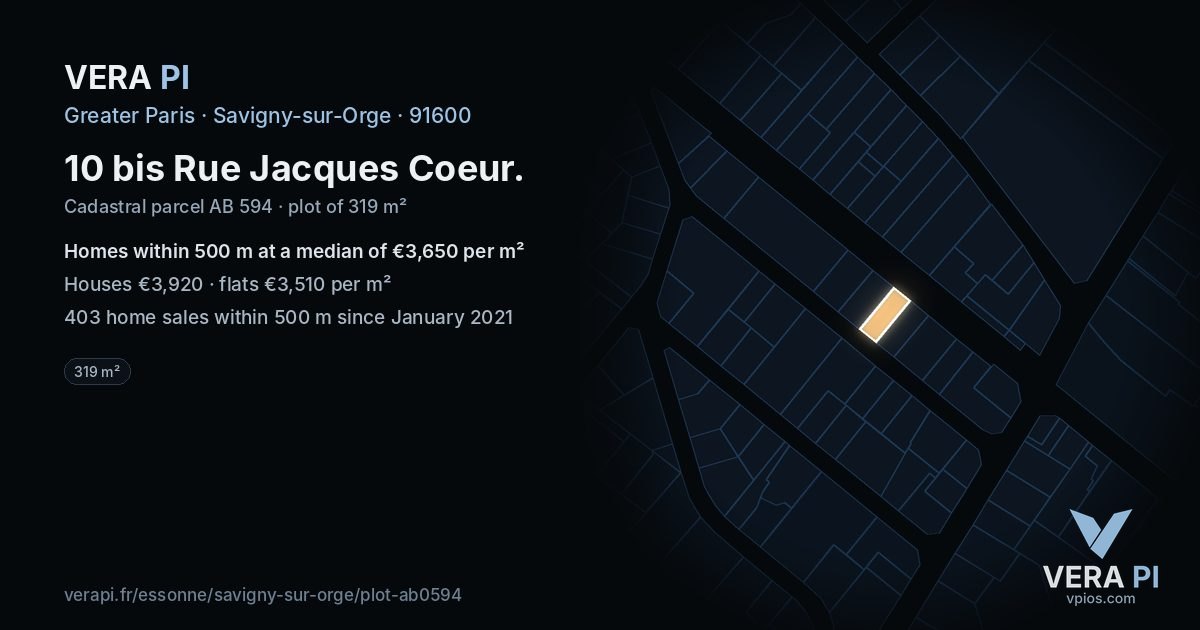 10 bis Rue Jacques Coeur, Savigny-sur-Orge at night – the plot lit, the parcels around coloured by the prices near them