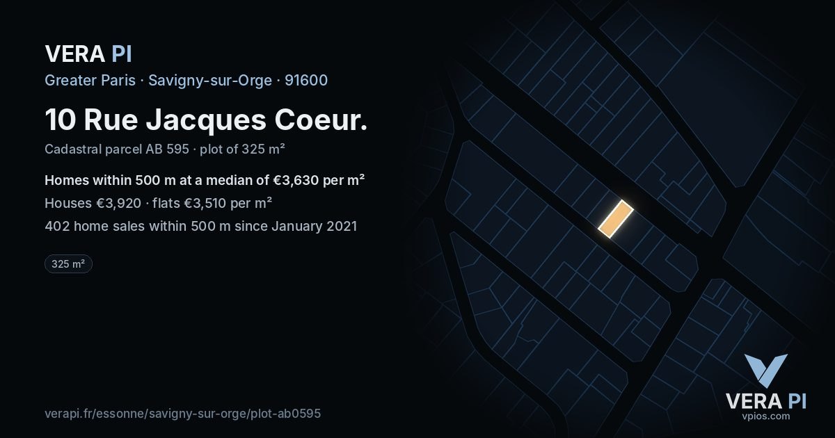 10 Rue Jacques Coeur, Savigny-sur-Orge at night – the plot lit, the parcels around coloured by the prices near them