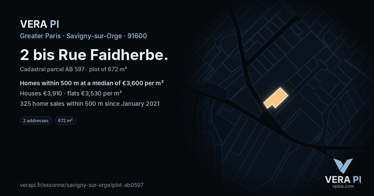 2 bis Rue Faidherbe, Savigny-sur-Orge at night – the plot lit, the parcels around coloured by the prices near them