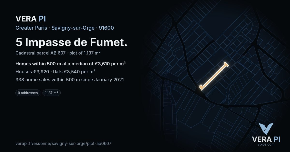 5 Impasse de Fumet, Savigny-sur-Orge at night – the plot lit, the parcels around coloured by the prices near them