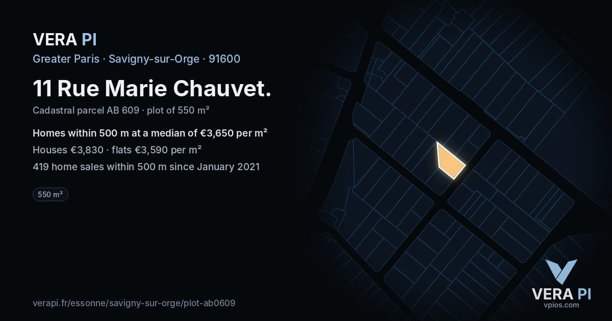 11 Rue Marie Chauvet, Savigny-sur-Orge at night – the plot lit, the parcels around coloured by the prices near them