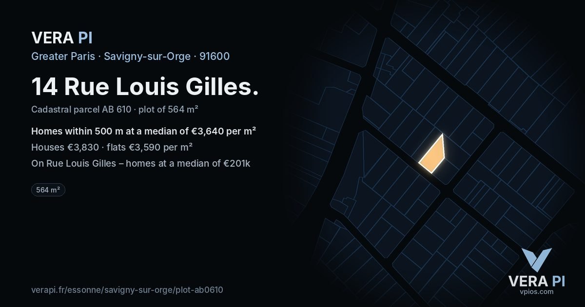 14 Rue Louis Gilles, Savigny-sur-Orge at night – the plot lit, the parcels around coloured by the prices near them
