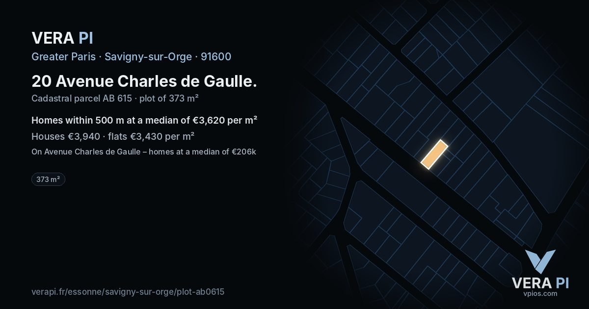 20 Avenue Charles de Gaulle, Savigny-sur-Orge at night – the plot lit, the parcels around coloured by the prices near them
