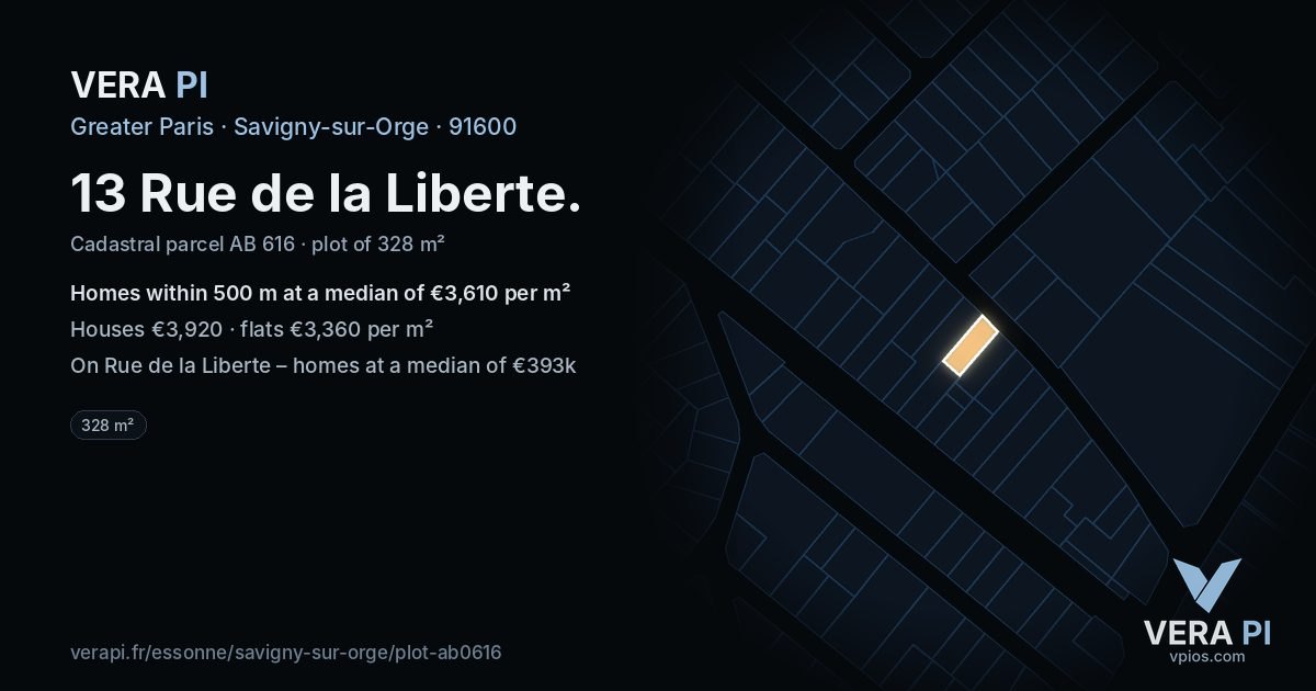 13 Rue de la Liberte, Savigny-sur-Orge at night – the plot lit, the parcels around coloured by the prices near them