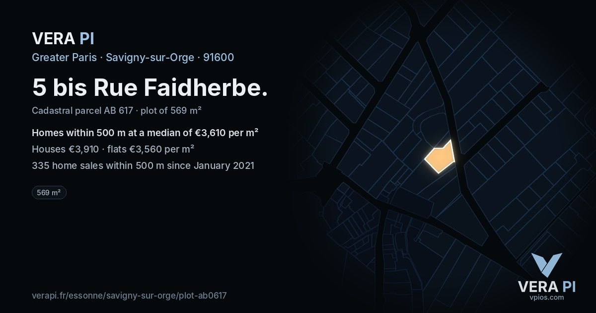 5 bis Rue Faidherbe, Savigny-sur-Orge at night – the plot lit, the parcels around coloured by the prices near them
