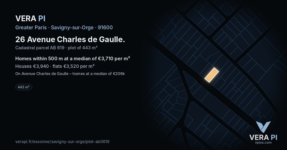 26 Avenue Charles de Gaulle, Savigny-sur-Orge at night – the plot lit, the parcels around coloured by the prices near them