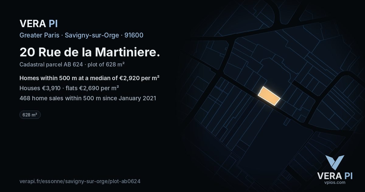 20 Rue de la Martiniere, Savigny-sur-Orge at night – the plot lit, the parcels around coloured by the prices near them