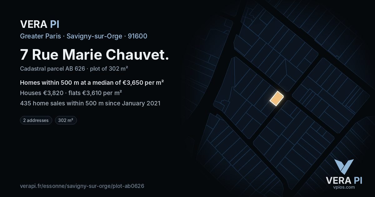 7 Rue Marie Chauvet, Savigny-sur-Orge at night – the plot lit, the parcels around coloured by the prices near them