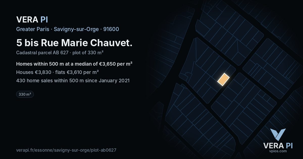 5 bis Rue Marie Chauvet, Savigny-sur-Orge at night – the plot lit, the parcels around coloured by the prices near them
