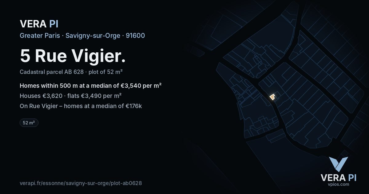 5 Rue Vigier, Savigny-sur-Orge at night – the plot lit, the parcels around coloured by the prices near them