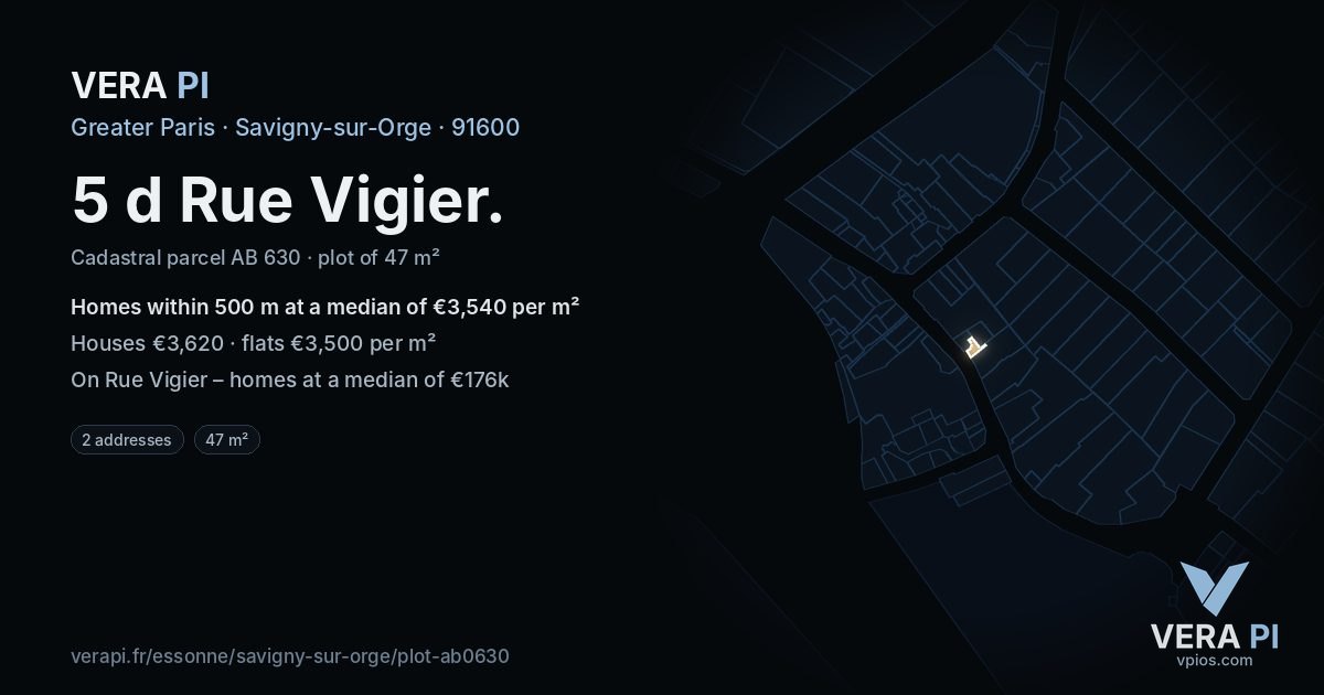 5 d Rue Vigier, Savigny-sur-Orge at night – the plot lit, the parcels around coloured by the prices near them