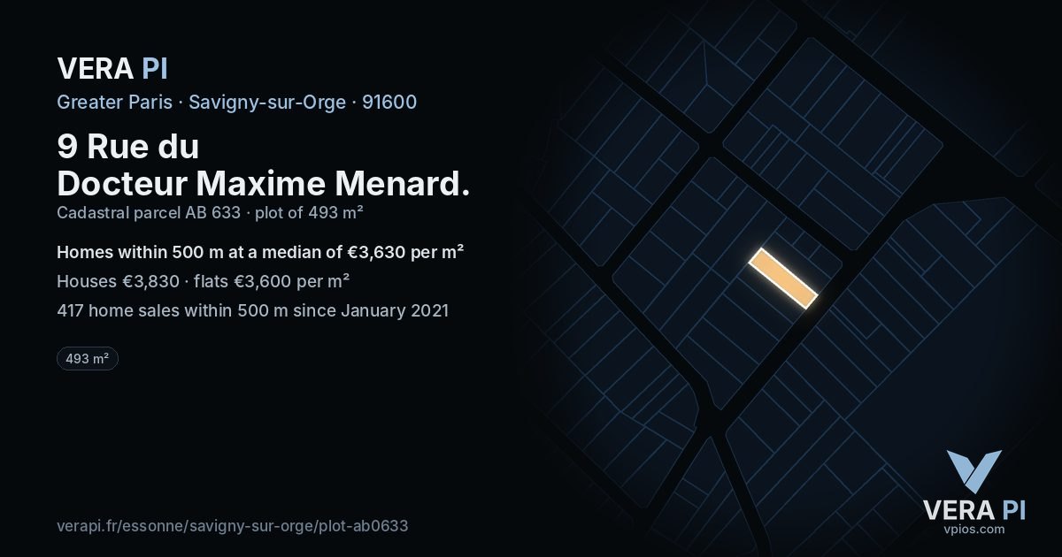 9 Rue du Docteur Maxime Menard, Savigny-sur-Orge at night – the plot lit, the parcels around coloured by the prices near them
