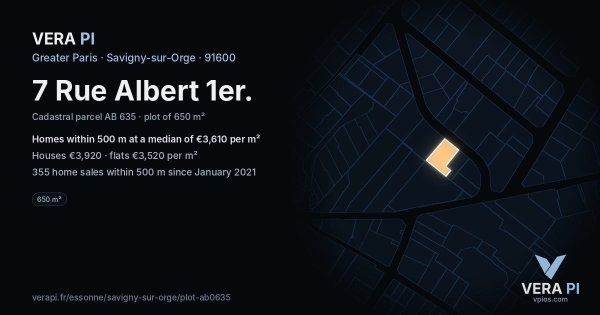 7 Rue Albert 1er, Savigny-sur-Orge at night – the plot lit, the parcels around coloured by the prices near them