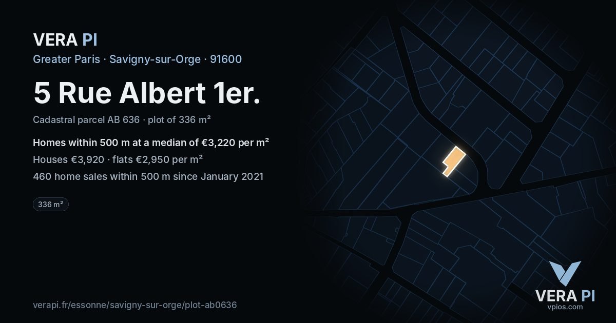 5 Rue Albert 1er, Savigny-sur-Orge at night – the plot lit, the parcels around coloured by the prices near them