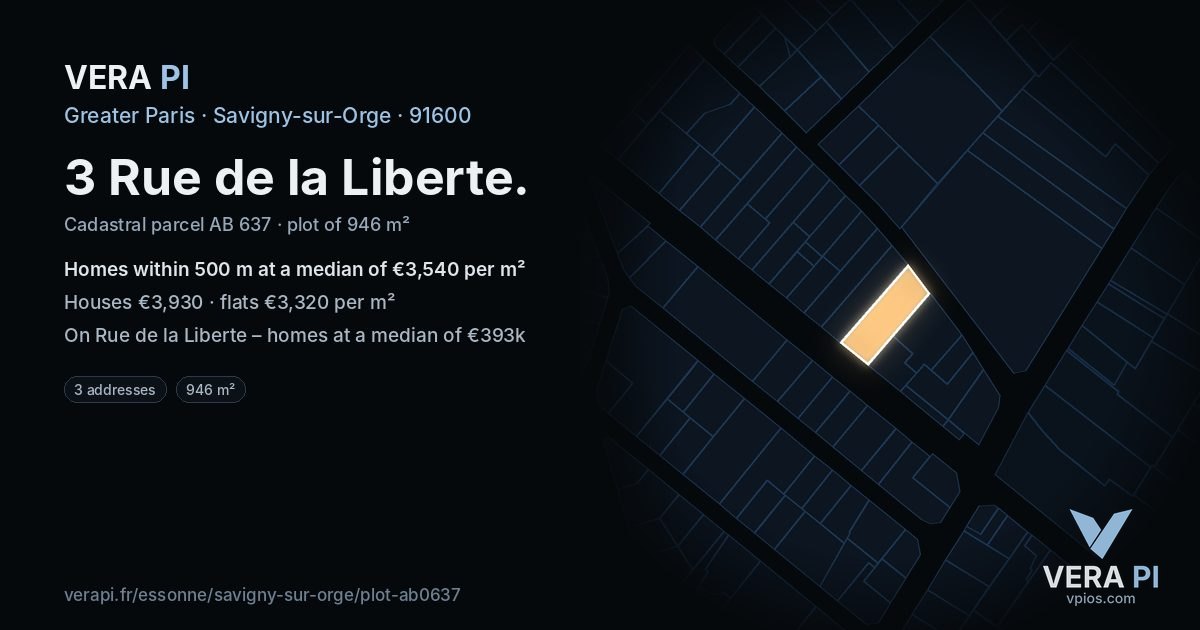 3 Rue de la Liberte, Savigny-sur-Orge at night – the plot lit, the parcels around coloured by the prices near them
