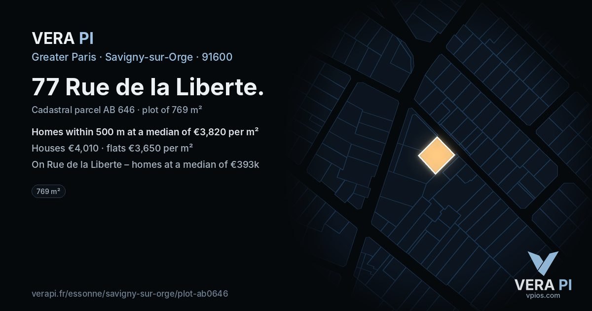 77 Rue de la Liberte, Savigny-sur-Orge at night – the plot lit, the parcels around coloured by the prices near them