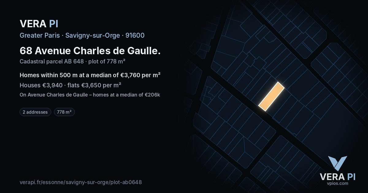 68 Avenue Charles de Gaulle, Savigny-sur-Orge at night – the plot lit, the parcels around coloured by the prices near them