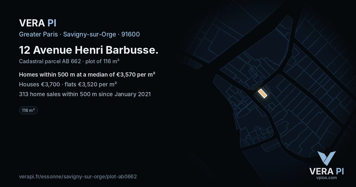12 Avenue Henri Barbusse, Savigny-sur-Orge at night – the plot lit, the parcels around coloured by the prices near them