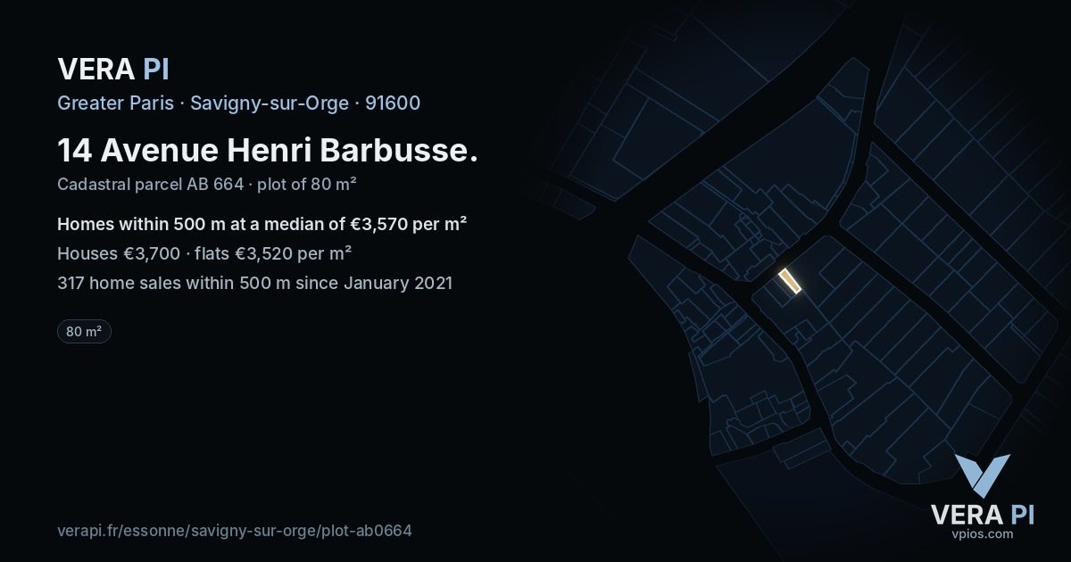 14 Avenue Henri Barbusse, Savigny-sur-Orge at night – the plot lit, the parcels around coloured by the prices near them