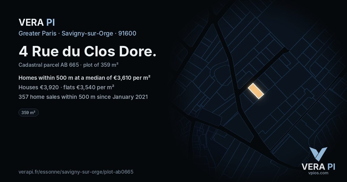 4 Rue du Clos Dore, Savigny-sur-Orge at night – the plot lit, the parcels around coloured by the prices near them