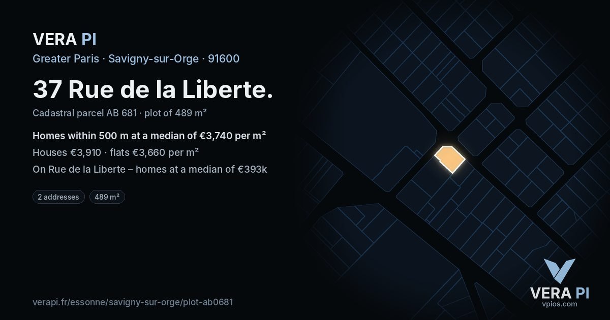37 Rue de la Liberte, Savigny-sur-Orge at night – the plot lit, the parcels around coloured by the prices near them