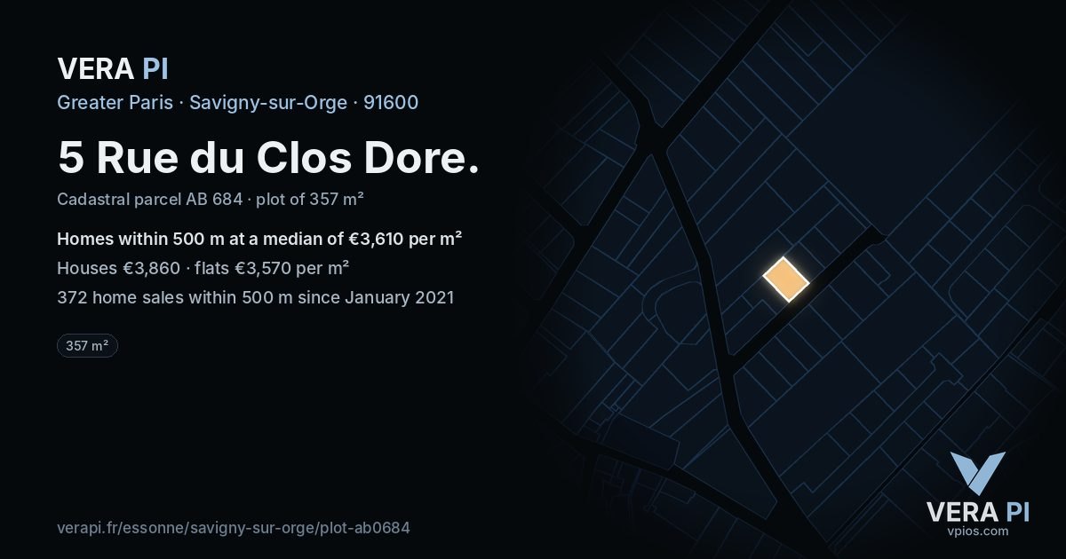 5 Rue du Clos Dore, Savigny-sur-Orge at night – the plot lit, the parcels around coloured by the prices near them