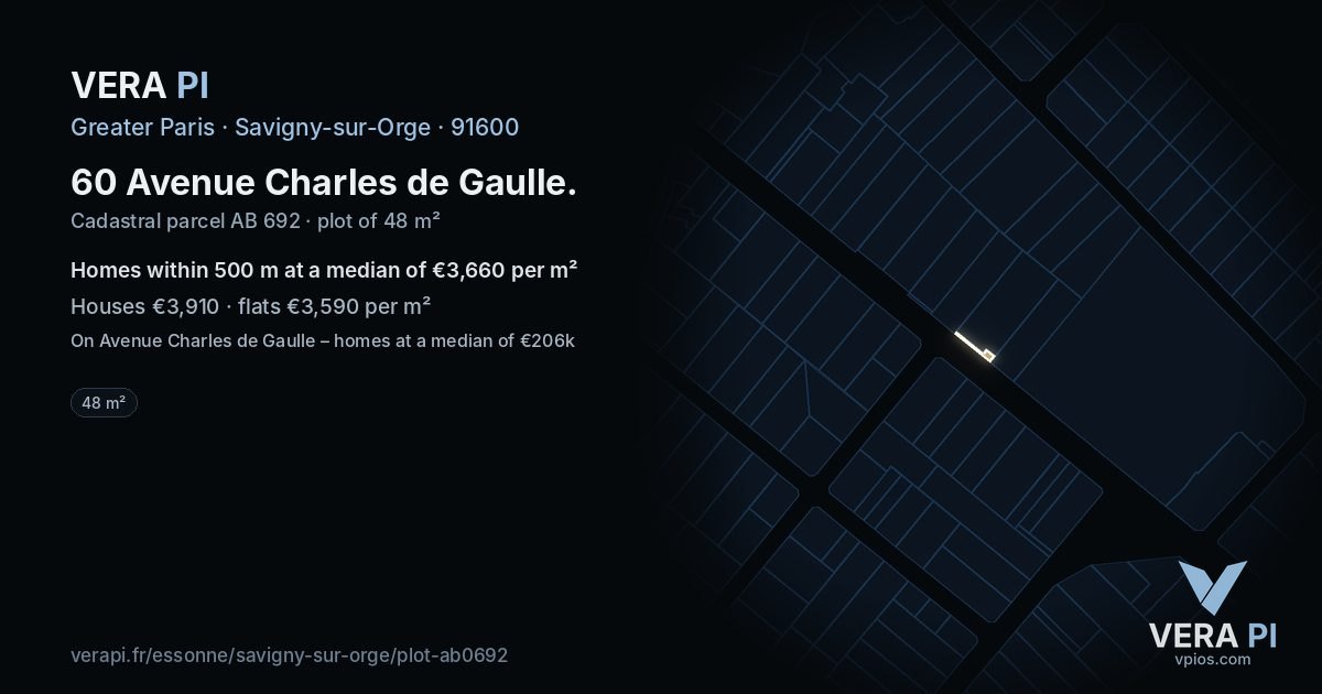 60 Avenue Charles de Gaulle, Savigny-sur-Orge at night – the plot lit, the parcels around coloured by the prices near them