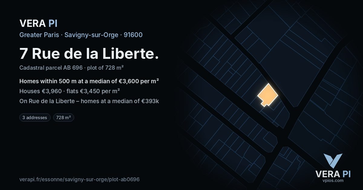 7 Rue de la Liberte, Savigny-sur-Orge at night – the plot lit, the parcels around coloured by the prices near them