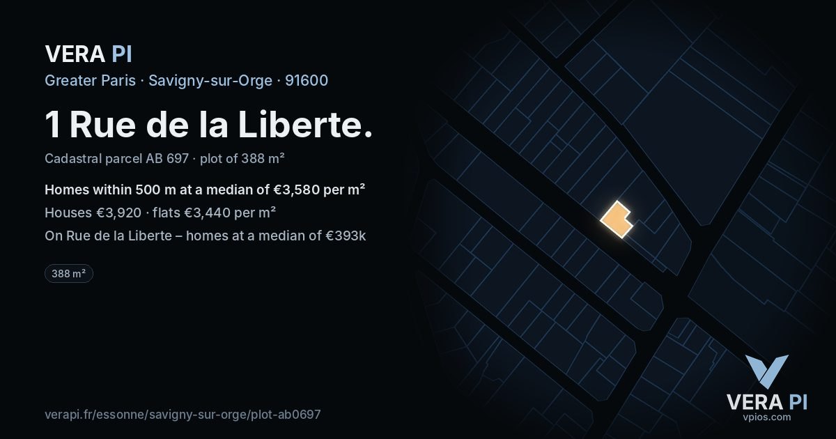 1 Rue de la Liberte, Savigny-sur-Orge at night – the plot lit, the parcels around coloured by the prices near them