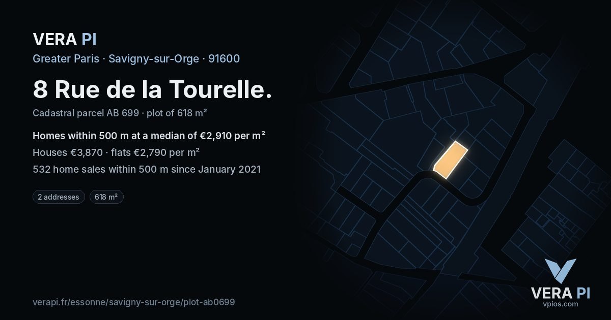 8 Rue de la Tourelle, Savigny-sur-Orge at night – the plot lit, the parcels around coloured by the prices near them