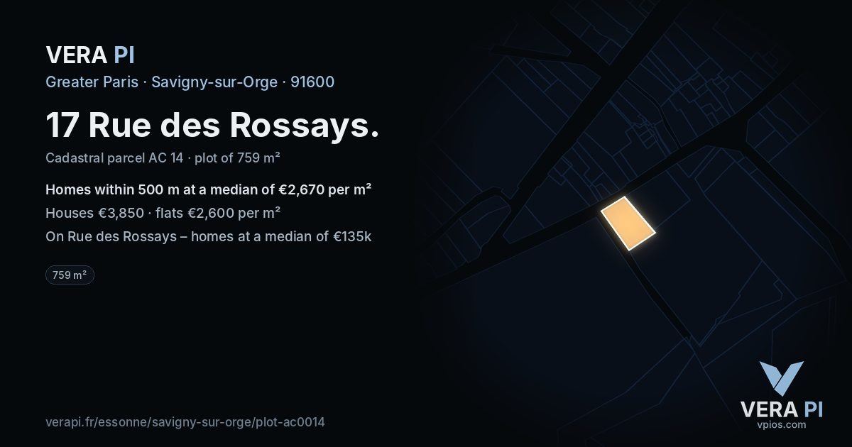 17 Rue des Rossays, Savigny-sur-Orge at night – the plot lit, the parcels around coloured by the prices near them