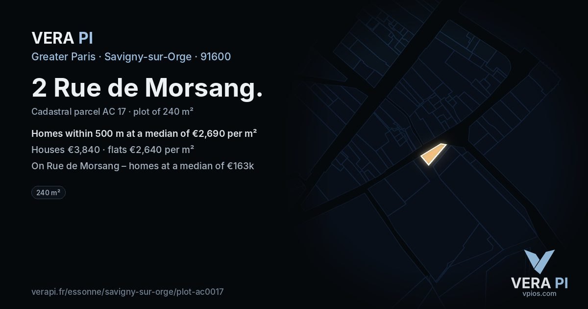 2 Rue de Morsang, Savigny-sur-Orge at night – the plot lit, the parcels around coloured by the prices near them