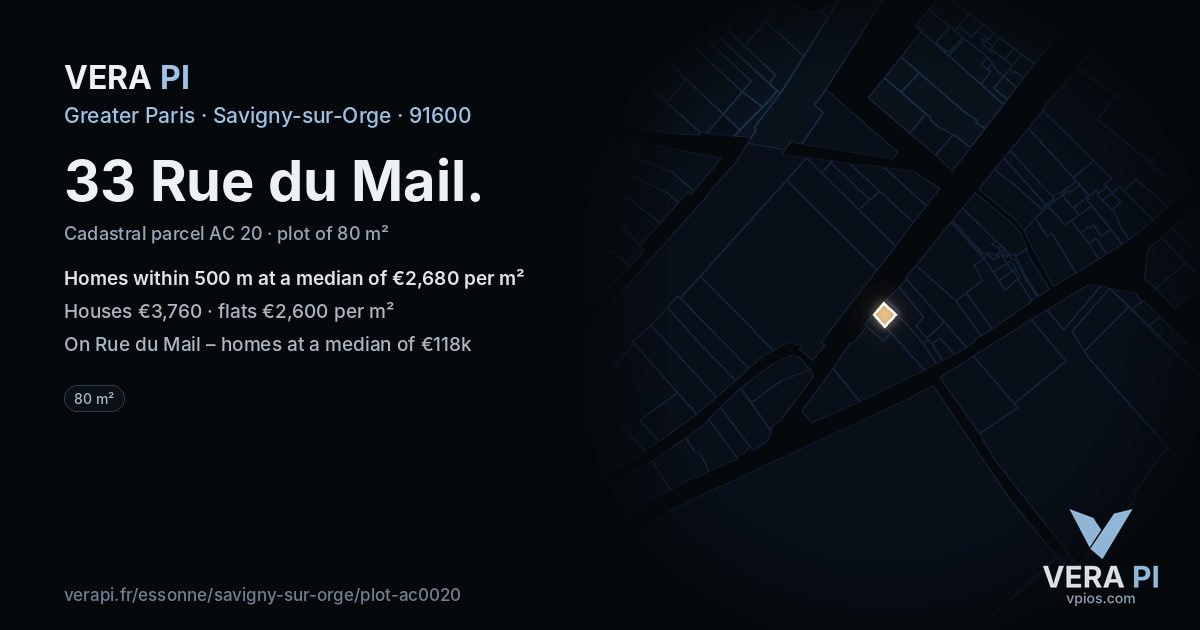 33 Rue du Mail, Savigny-sur-Orge at night – the plot lit, the parcels around coloured by the prices near them