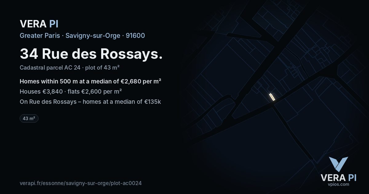 34 Rue des Rossays, Savigny-sur-Orge at night – the plot lit, the parcels around coloured by the prices near them