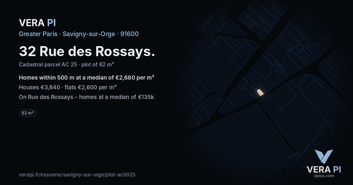 32 Rue des Rossays, Savigny-sur-Orge at night – the plot lit, the parcels around coloured by the prices near them