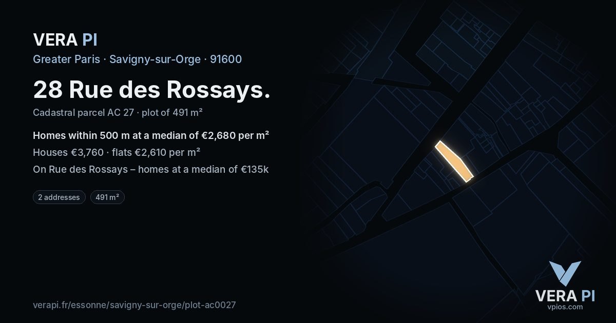28 Rue des Rossays, Savigny-sur-Orge at night – the plot lit, the parcels around coloured by the prices near them