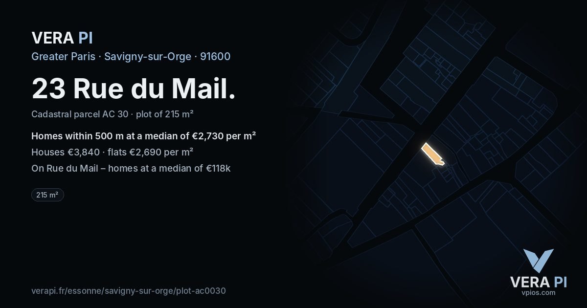 23 Rue du Mail, Savigny-sur-Orge at night – the plot lit, the parcels around coloured by the prices near them